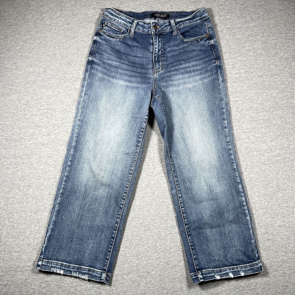 Judy Blue Jeans Womens 7/28 Blue Cropped Relaxed Mid Rise Distressed Fringe